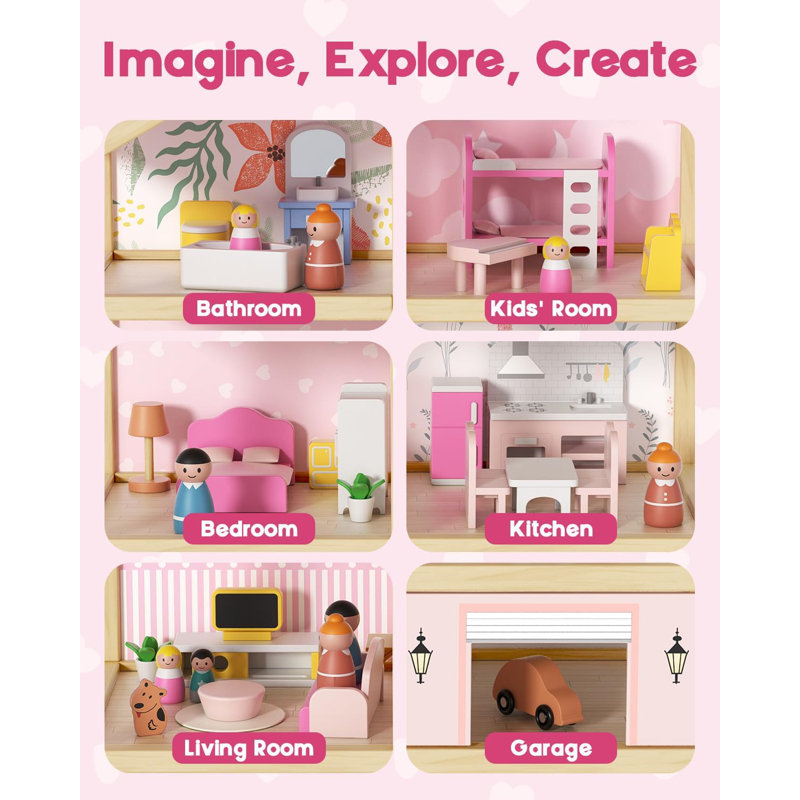 Suteck Wooden Dollhouse, Large Pink Wooden Doll House With 39